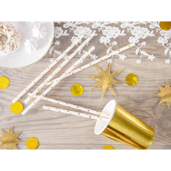 10 pajitas blancas con estrella doradas de papel para nochevieja - Happy New Year Collection