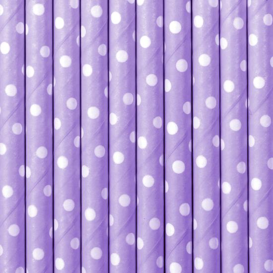 10 pajitas moradas con lunares blancos de papel