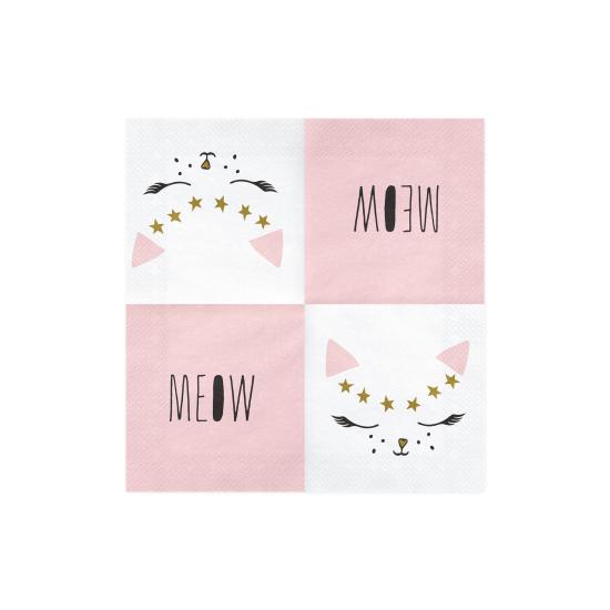 20 servilletas blancas con estampado de gato de papel (33x33 cm) - Meow Party