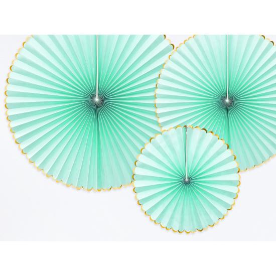 3 abanicos de papel decorativos verde menta con borde dorado - Yummy
