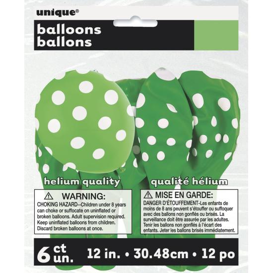 6 globos verde lima con topos blancos (30 cm)