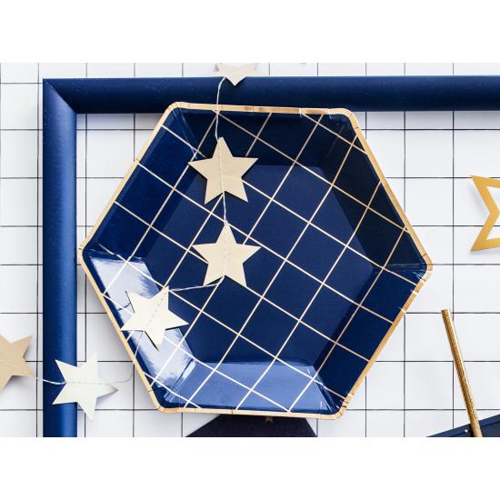 6 platos pentagonales azules marino con cuadrículas doradas de papel para nochevieja (23 cm) - Happy New Year Collection