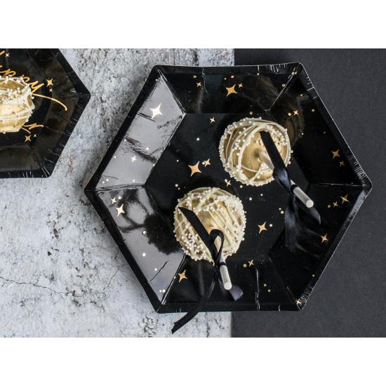 6 platos pentagonales negros con estrellas doradas de papel (20 cm) - New Year’s Eve Collection