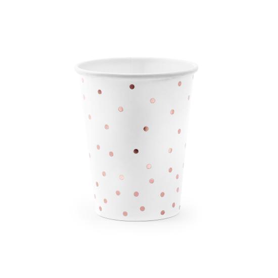 6 vasos blancos con lunares oro rosa de papel