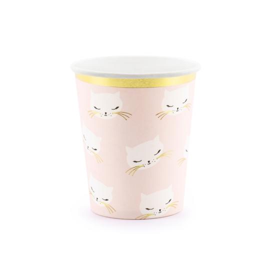 6 vasos de gatos rosa pastel de papel - Meow Party