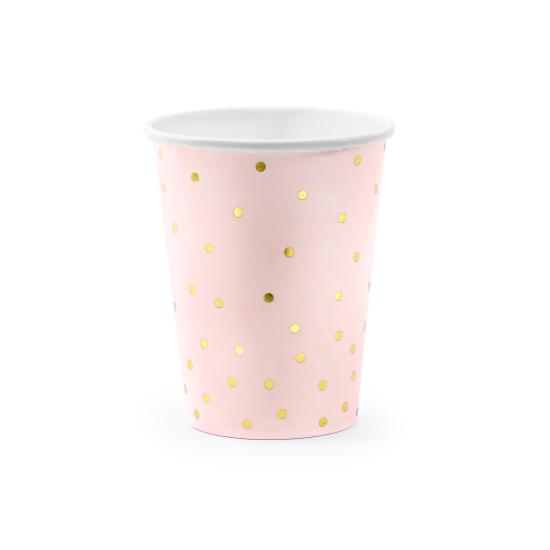 6 vasos rosas con lunares dorados de papel
