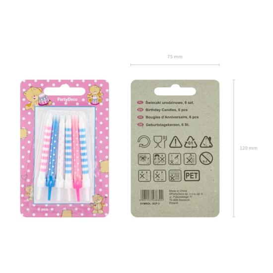 6 velas rosas y azules con estampado variado (6,5 cm)