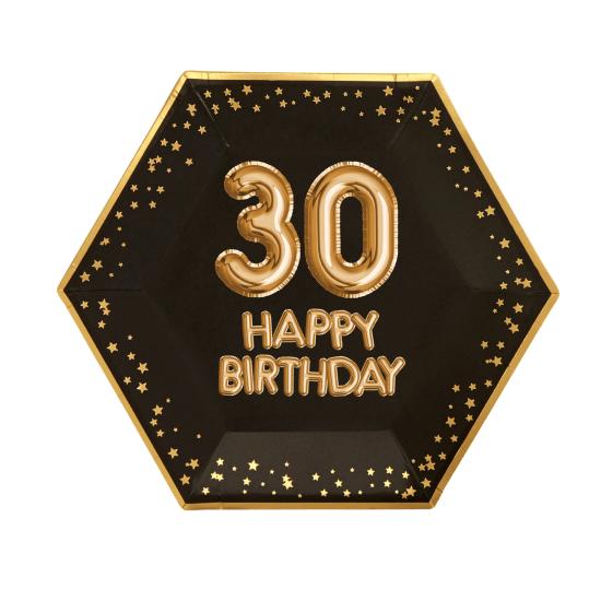 8 platos hexagonales "30 Happy Birthday" de papel (27 cm) - Glitz & Glamour Black & Gold