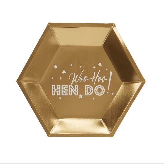 8 platos hexagonales dorados de papel (27 cm) - Woo Hoo Hen Do