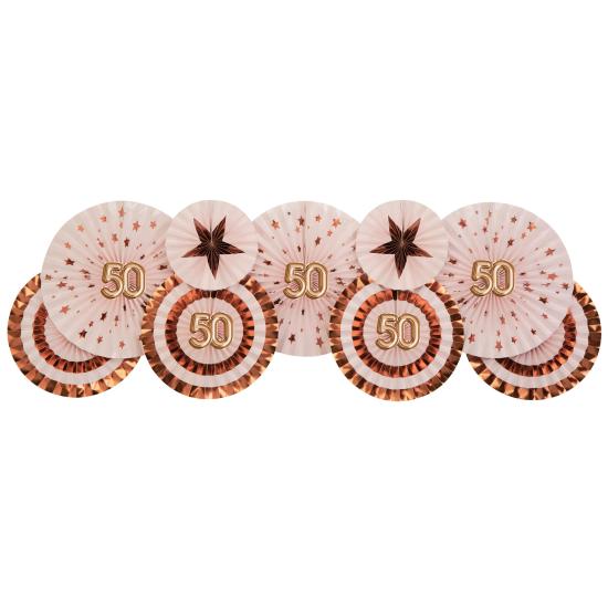 3 Abanicos de papel decorativos variados "50" (21-26-30 cm) - Glitz & Glamour Pink & Rose Gold