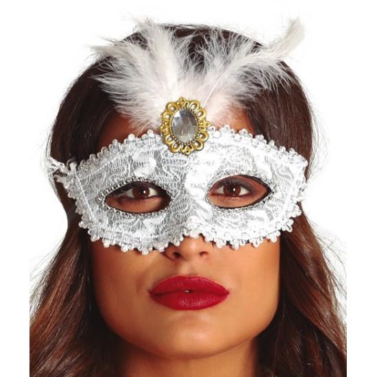 Antifaz Blanco con Plumas blancas