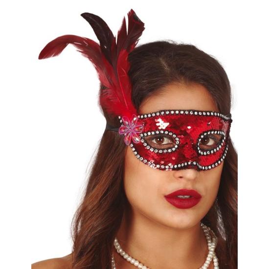 Antifaz Rojo lentejuelas con Pluma