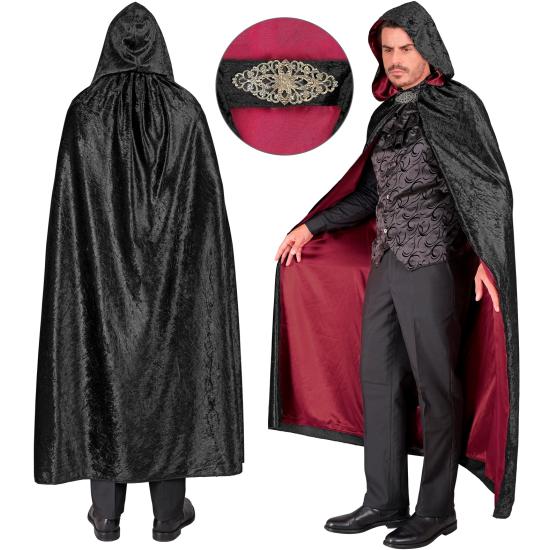 Capa con capucha terciopelo negro y forro rojo – 140 cm