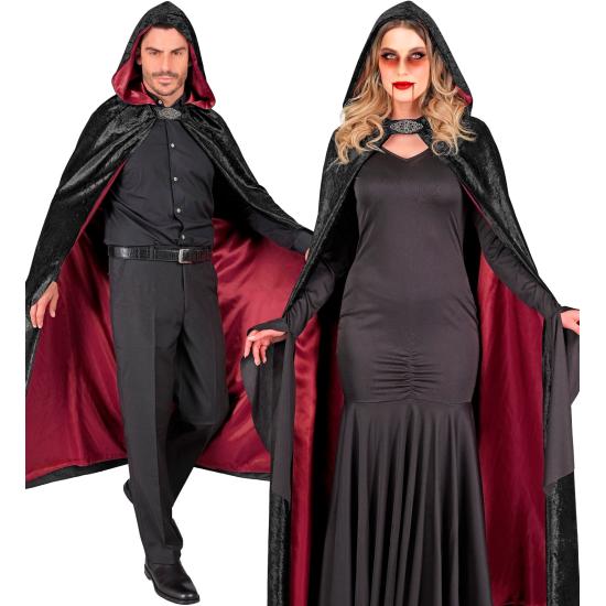 Capa con capucha terciopelo negro y forro rojo – 140 cm