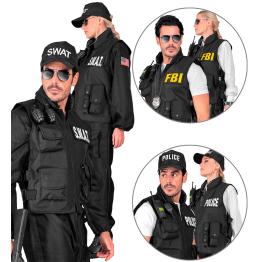 CHALECO TÁCTICO SWAT | FBI | POLICÍA" con 3 insignias extraíbles .