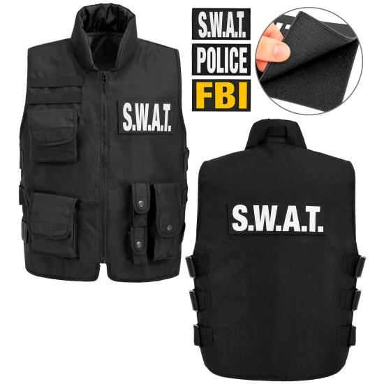 CHALECO TÁCTICO SWAT | FBI | POLICÍA" con 3 insignias extraíbles .