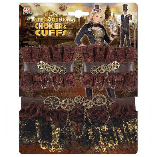 Conjunto de Accesorios Steampunk Marrón – Collar y Pulseras de Encaje