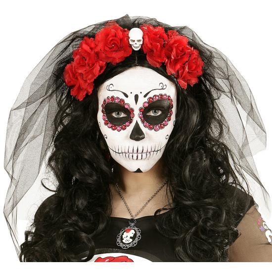 Diadema 6 Rosas Rojas con Calavera y Velo