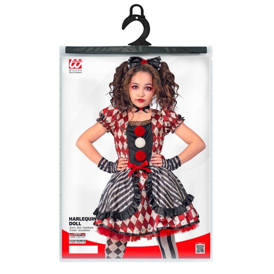 Disfraz “Muñeca Arlequín” para niña – vestido con lazo, gargantilla y guantes