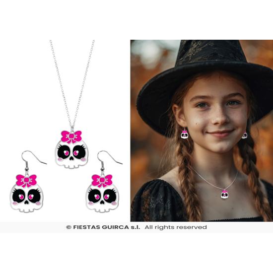 Kit de Collar y Pendientes Calavera con Lazo