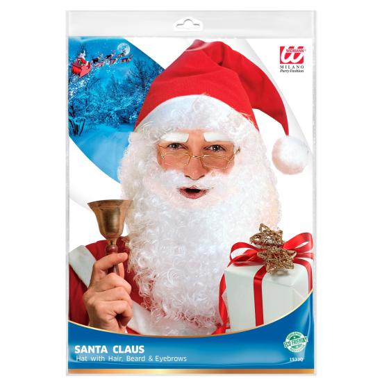 Peluca de Papá Noel con Gorro Rojo, Barba Maxi, Bigote y Cejas