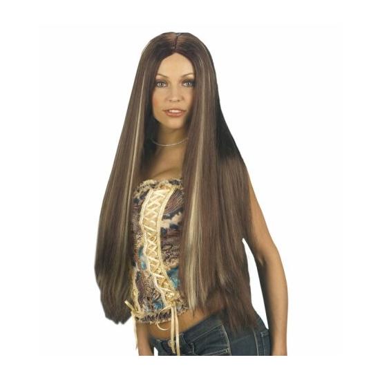 Peluca Extra larga Castaña con Mechas.