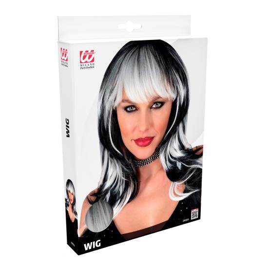 Peluca “Vampirosa” – larga con flequillo (Negra/Blanca y Negra/Roja)