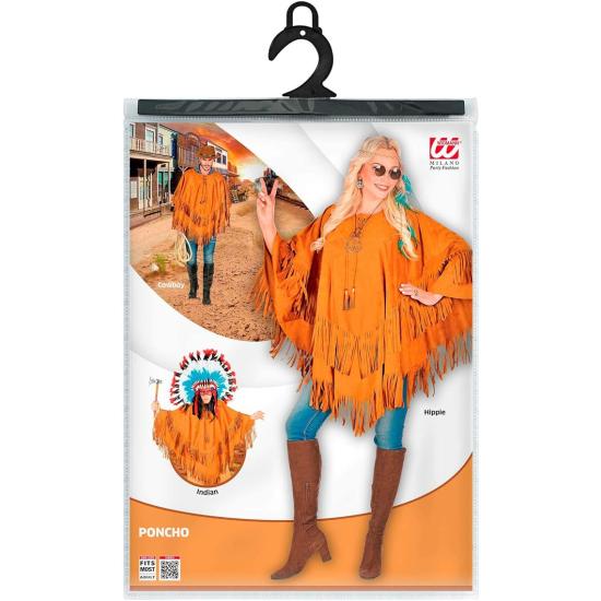Poncho de Ante con Flecos – Disfraz Adulto Hippie, Indio, Reggae y Vaquero
