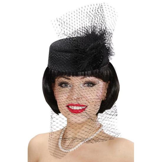 Sombrero Negro con rejilla y Pluma años 20